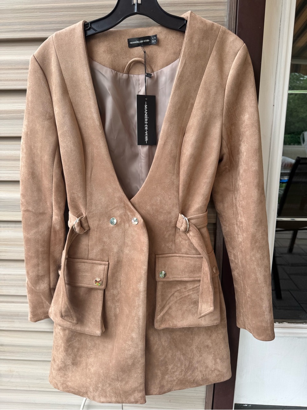 Maniere De Voir Camel Suede Belted Blazer Dress